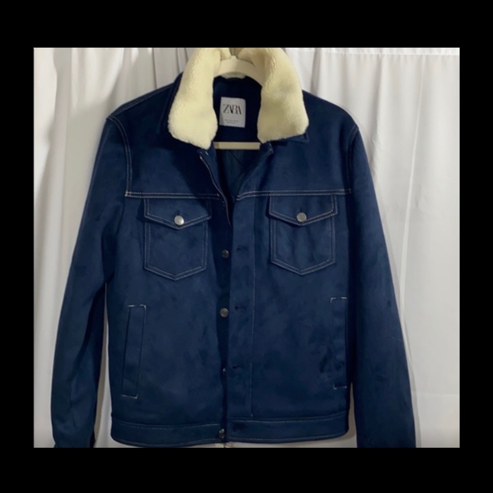 COPY - Zara men’s blue suede jacket shearling collar